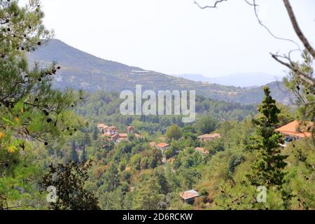 Aerial view of Pano Platres village, winter resort, on Troodos mountains in Cyprus. Stock Photo