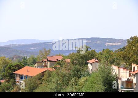 Aerial view of Pano Platres village, winter resort, on Troodos mountains in Cyprus. Stock Photo