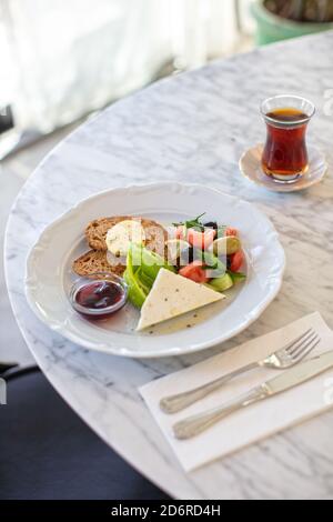 Healthy Turkish Style Breakfast Plate in the Morning Stock Photo