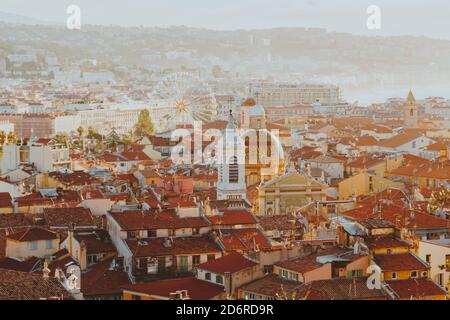 aerial city scape view of Nice, France. red roofs, big ferris wheel, harbor, architecture. Cote d'Azur France. Luxury resort of French riviera. top vi Stock Photo