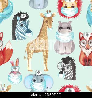 Seamless pattern of Animals in medical masks on a blue background. Vector illustration of a kid Doctor design Stock Vector