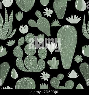 Seamless Pattern Cactuses hand-painted illustration on black background. Exotic desert plant. Inroom plant for home decor. Vector Stock Vector