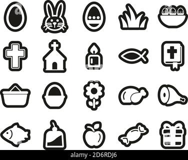 Easter Holiday Tradition & Culture Icons White On Black Sticker Set Big Stock Vector