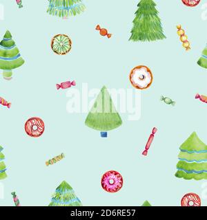 Christmas tree donuts candy sweet seamless pattern on blue background Vector illustration winter digital paper pack gift wrap. Christmas tree, donuts, Stock Vector