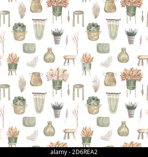 Seamless pattern of boho plants and indoor flowers in baskets and hanging pots macrame decor. Vector illustration of a modern home interior on a white Stock Vector