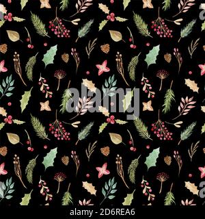 Seamless pattern Christmas print. Floral elements flowers, branches, pine, berries , leaves on a black background. Vector Stock Vector