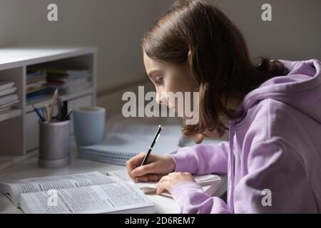 Focused teen girl study making assignment at home Stock Photo