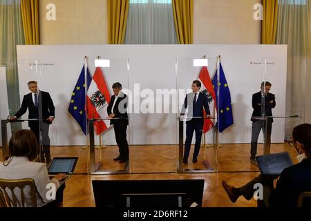 Vienna, Austria. 19th Oct, 2020. Press conference with (from L to R) Interior Minister Karl Nehammer , Vice Chancellor Werner Kogler, Chancellor Sebastian Kurz,  and Minister of Health Rudolf Anschober. Credit: Franz Perc / Alamy Live News Stock Photo
