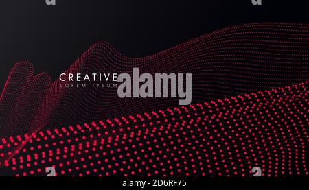Flowing red particles circle wave shape background, smooth curvy shape dots fluid on dark background for design for banners, posters, covers. Stock Vector