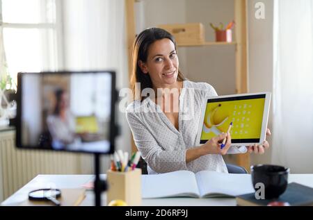 Woman teacher teaching online, coronavirus and online distance learning concept. Stock Photo