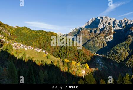 Mount  Civetta in the  Veneto. La Civetta is one of the icons of the Dolomites. In the foreground villages of San Tomaso Agordino. The Dolomites of th Stock Photo