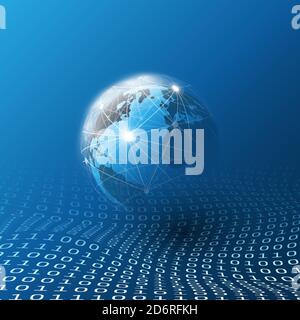 Blue Cloud Computing and Global Networks Concept Design for Business, IT or Technology with Earth Globe, Wire Mesh And Digital Matrix, Bits Pattern, O Stock Vector