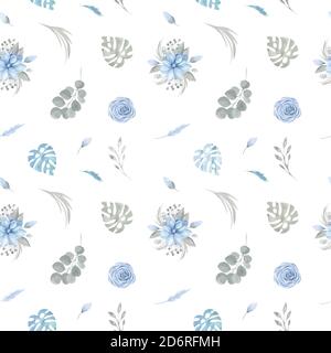 Seamless pattern of Floral blue flowers and greenery on a white background. Rose Magnolia Leaves, Tropical leaves, the Branch of eucalyptus. Botanical Stock Vector