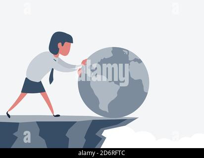 Businesswoman pushing planet Earth off the cliff. Woman pushes the planet earth. Shades of gray. Stock Vector