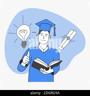 Happy graduate student with book. Simple style Stock Vector