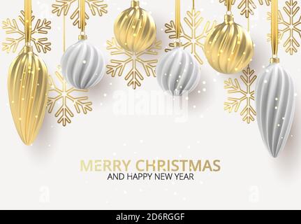 Christmas background with Christmas tree toys of white and gold, a spiral balls and snowflakes Vector illustration. Stock Vector