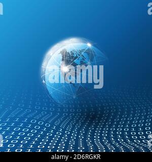 Blue Cloud Computing and Global Networks Concept Design for Business, IT or Technology with Earth Globe, Wire Mesh And Digital Matrix, Bits Pattern, O Stock Vector