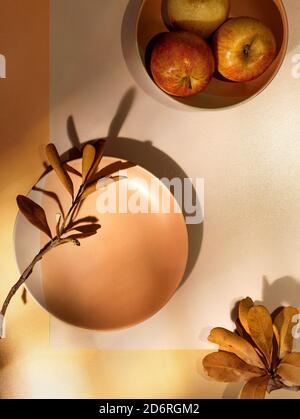 Autumn flat lay with plates, dry leaves and apples on paper background with shadow from sun Stock Photo