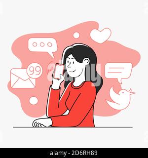 Calling and talking on the mobile phone. Hand holding smart phone in modern flat style design. Stock Vector