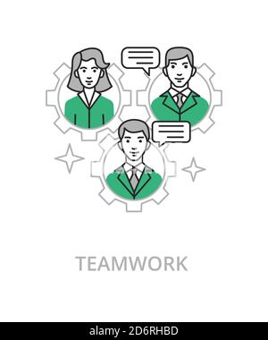 Teamwork flat line illustration in trend style. Complex vector icon and concept Stock Vector