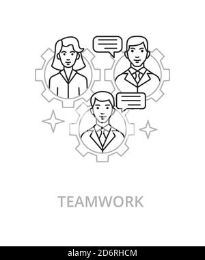 Teamwork flat line illustration in trend style. Complex vector icon and concept Stock Vector