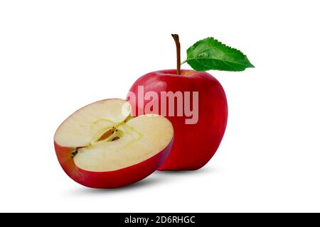 Red apples and green leaves isolated on a white background with the clipping path. Stock Photo
