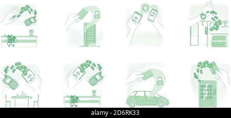 NFC tech, smart devices thin line concept vector illustrations set Stock Vector