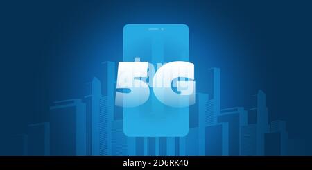 5G Network Label over Smart City - High Speed, Broadband Mobile Telecommunication and Wireless Internet Design Concept with Skyscrapers and Mobile Dev Stock Vector