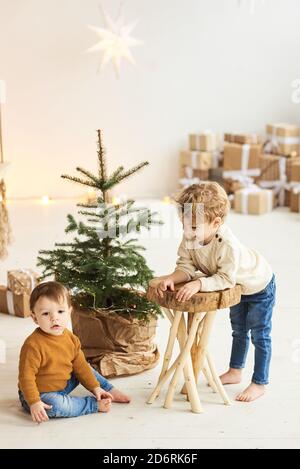 Portrait of a little handsome brothers leaned on a wooden chair near the Christmas tree in a white christmas decorated Stock Photo