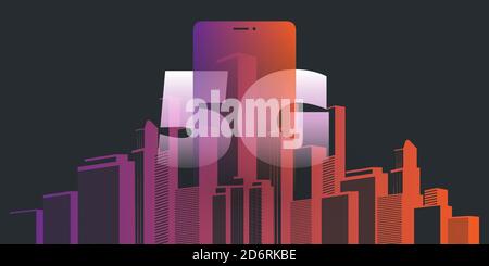 5G Networks - High Speed, Broadband Mobile Telecommunication and Wireless Internet Design Concept with Skyscrapers and Mobile Device Stock Vector