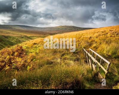 Open moorland with the view towards Little Whernside with wooden footbridge. Yorkshire Dales Stock Photo
