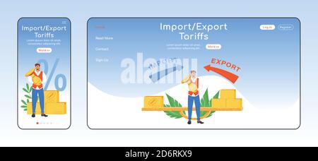 Import and export tariffs adaptive landing page flat color vector template Stock Vector