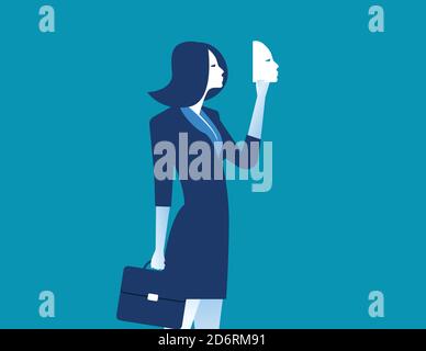 Businesswoman holding mask in front. Concept business people design illustration. Vector cartoon character flat Stock Vector