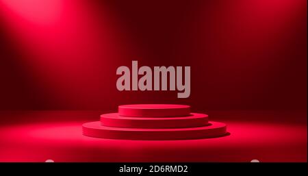 Blank red podium for product presentation. Color round pedestal placed on studio floor. 3D shaded, light from top. Red color gradient in background. Stock Photo
