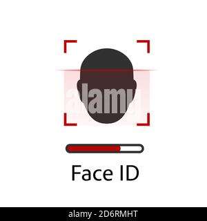 Facial recognition concept. Face ID, face recognition system. Hand holding smartphone with human head and scanning app on screen. Modern application Stock Vector