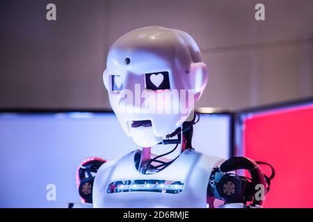 Rostov-on-Don, Russia. 03.31.2019. MTS Robotic Station brought the best robots from around the world to Rostov. Robot with hearts in his eyes Stock Photo