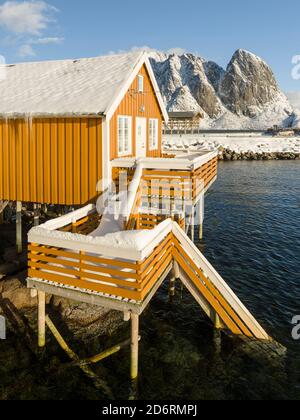 Rorbu, traditial fishing huts, now used as hotel, in the village Skrisoya  on the island Moskenesoya.  The  Lofoten Islands in northern Norway during Stock Photo
