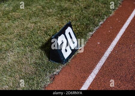 a twenty yard line marker ready for rehearsal at marching band rehearsal Stock Photo