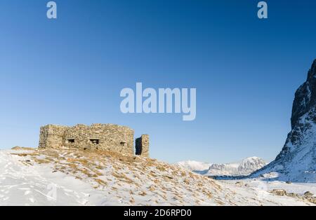 German Radar station Borga dating back to WW2 at Eggum Beach, island Vestvagoy. The Lofoten islands in northern Norway during winter.  Europe, Scandin Stock Photo