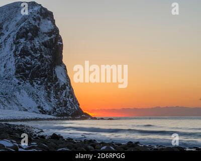 Unstad Beach , island Vestvagoy. The Lofoten islands in northern Norway during winter.  Europe, Scandinavia, Norway, February Stock Photo