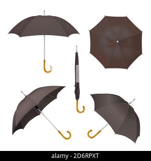 Black umbrella mockup set, vector illustration isolated on white background. Realistic folded and opened parasols. Stock Vector