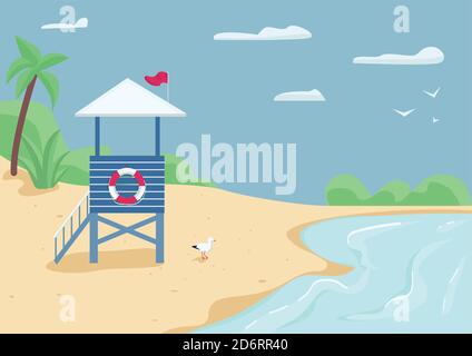 Lifeguard tower on sand beach flat color vector illustration Stock Vector