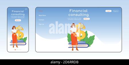 Financial consulting adaptive landing page flat color vector template Stock Vector