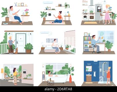 People in smart homes flat color vector faceless characters set Stock Vector