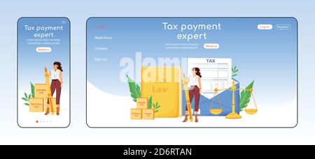 Tax payment expert adaptive landing page flat color vector template Stock Vector