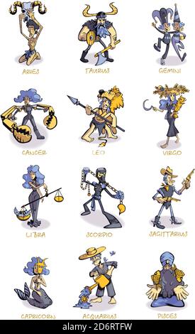 Zodiac signs characteristics flat cartoon vector illustrations kit