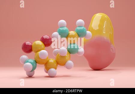 Arginine (L-arginine, Arg, R) amino acid molecule. 3D rendering. Gradient-colored molecular surface model (back) and representation showing atoms as c Stock Photo