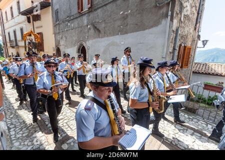 Petrella Salto, Italy. August 16, 2018: Music band from a small town in central Italy plays and parades during a traditional Christian religious festi Stock Photo