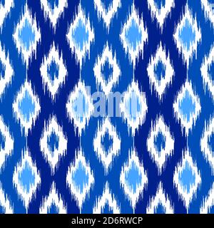 Uzbek ikat silk fabric pattern, indigo blue and white colors. Seamless geometric pattern, based on ikkat fabric style. Vector illustration. Carpet rug Stock Vector