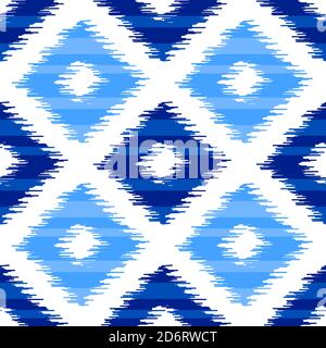 Uzbek ikat silk fabric pattern, indigo blue and white colors. Seamless geometric pattern, based on ikkat fabric style. Vector illustration. Carpet rug Stock Vector